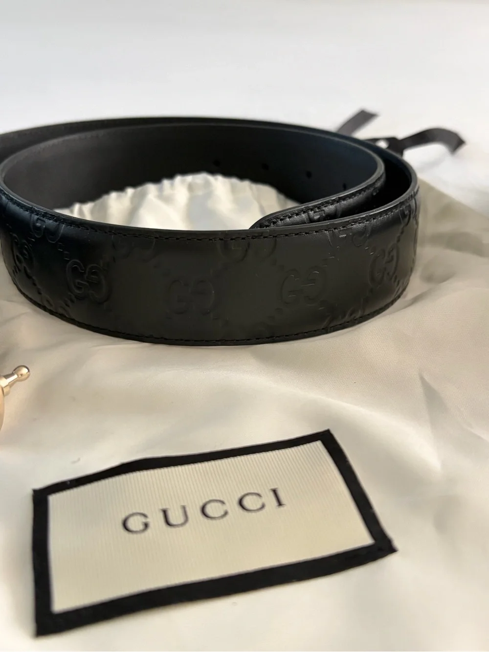 Gucci Black Embossed GG Leather Belt with Gold Double G Buckle